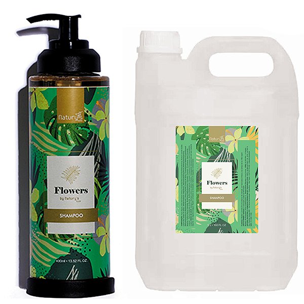 Kit Shampoo Flowers by Natury's Luxo Frasco 400ml (Vávula Pump) Dispenser + Galão Reposição 5 litros + Suporte