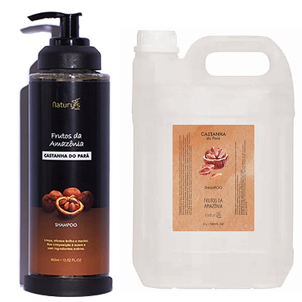 Kit Shampoo Castanha do Pará Frasco 400ml Naturys Luxo Dispenser + Galão Reposição 5 litros + Suporte Dispenser