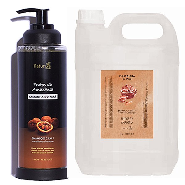 Kit Shampoo 2 em 1 Castanha do Pará Frasco 400ml Naturys Luxo Dispenser + Galão Reposição 5 litros + Suporte Dispenser