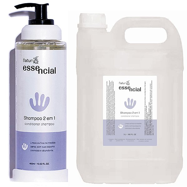 Kit Shampoo 2 em 1 Essencial Frasco 400ml Naturys Luxo Dispenser + Galão Reposição 5 litros + Suporte Dispenser