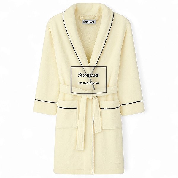 Roupão de Microfibra Sonhare – Kimono Off-White com Acabamento Premium