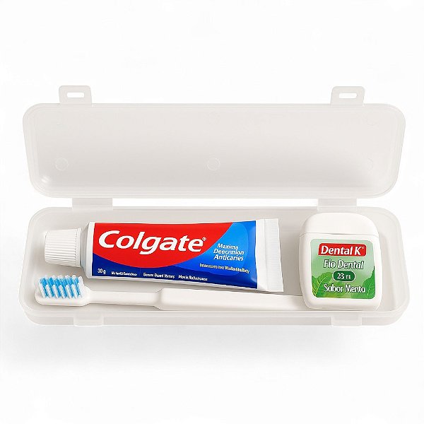 Kit Dental Completo com Estojo – Colgate 30g + Escova + Fio Ideal para viagens