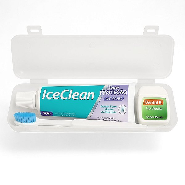 Kit Dental Completo com Estojo – IceClean 50g + Escova + Fio Dental 25m | Ideal para Viagens