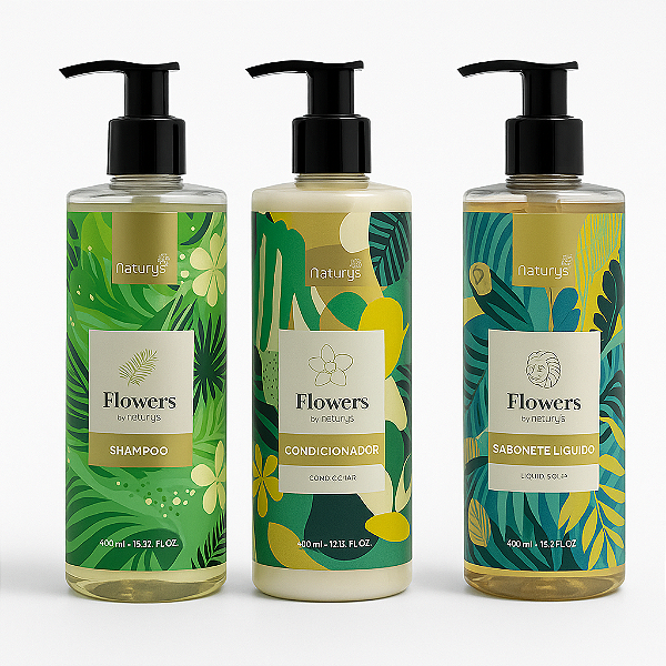 Kit Dispenser Shampoo, Condicionador e Sabonete Líquido Flowers – 400ml | Naturys