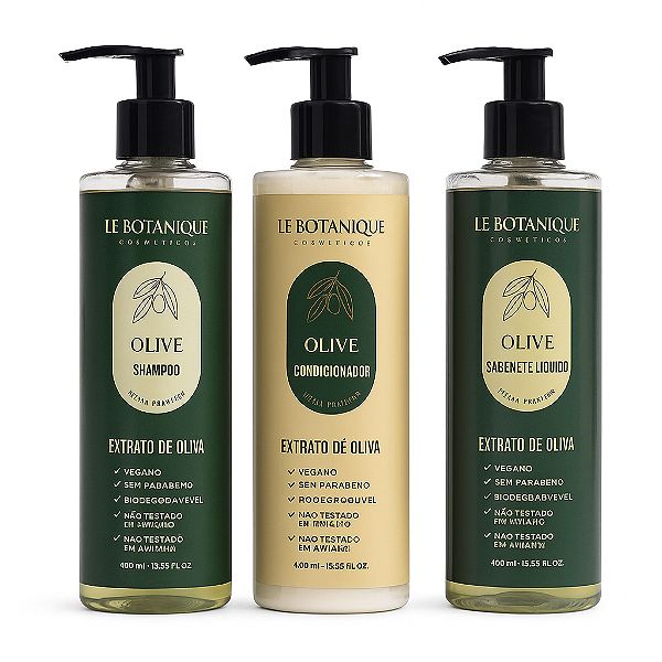 Kit Dispenser Le Botanique Olive – Shampoo, Condicionador e Sabonete Líquido 400 ml