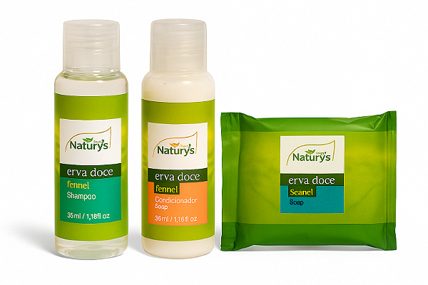 Kit Erva Doce Shampoo e Condicionador 35ml e Sabonete 20g – Hotel, Hospital e Pousadas | Natury’s Luxo