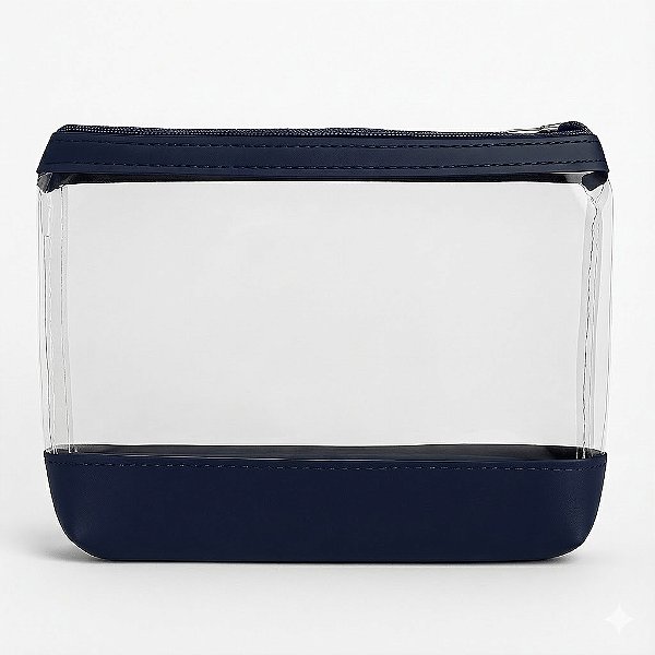 Nécessaire Transparente com Base Azul Marinho | Para Kit Higieme, Maquiagens (19x13cm)