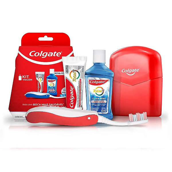 kit viagem colgate total 12 escova dental + creme dental 30g + enxaguante bucal 60ml