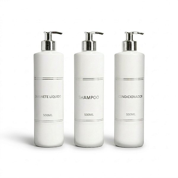 Kit Lavabo Luxo - 3 Frascos Porta Shampoo, Condicionador e Sabonete Líquido