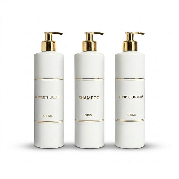 Kit Lavabo Luxo - 3 Frascos Porta Shampoo, Condicionador e Sabonete Líquido