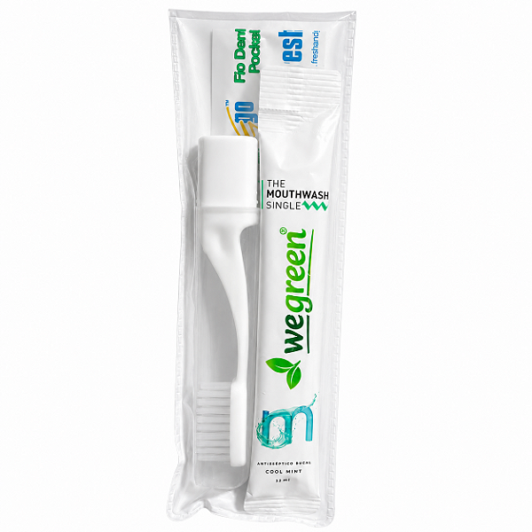 50 Kits Dental Pocket Wegreen Completo – Escova Pocket + Fio Dental + Creme Dental + Enxaguante Bucal
