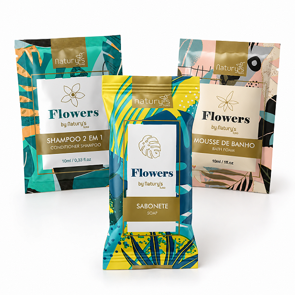 Kit 1.500 Amenities Flowers: Sabonete, Shampoo e Espuma de Banho