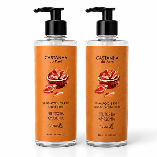 Kit Dispenser 400ml Castanha do Pará – Shampoo 2 em 1 + Sabonete Líquido | Frutos da Amazônia | Natury's Luxo