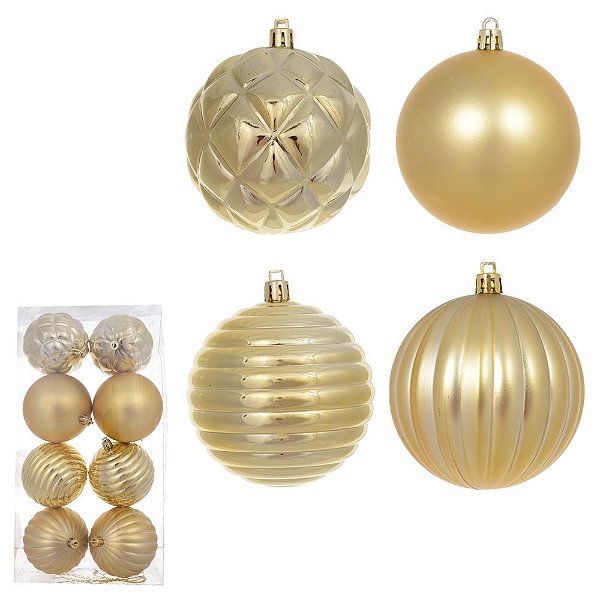 BOLA DECORADA NATAL C/8 UNID (DOURADO) 8cm (FLORARTE) Vol. 28,36