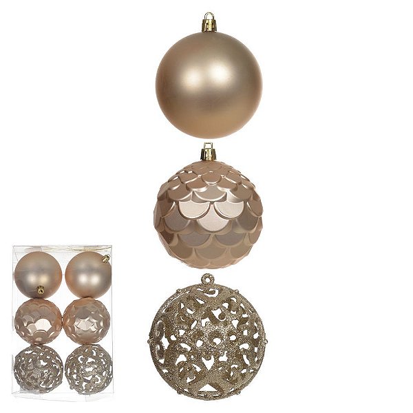 BOLA DECORADA NATAL MISTA NO PVC C/6 UND (CHAMPANHE DOURADO) 8cm (FLORARTE) Vol. 1