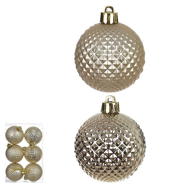 BOLA DECORADA NATAL C/6 UNIDADES PVC (CHAMPANHE) 6cm (FLORARTE) Vol. 27