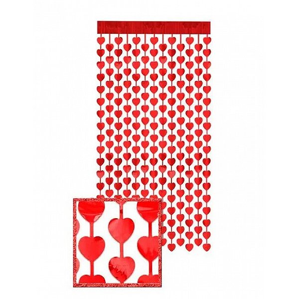 Cortina Decorativa Metalizada – Corações Vermelhos – 1,8m – 1 unidade