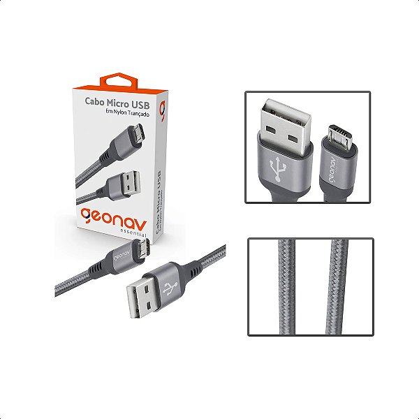 Cabo Micro USB 1,0m Nylon Trançado Cinza