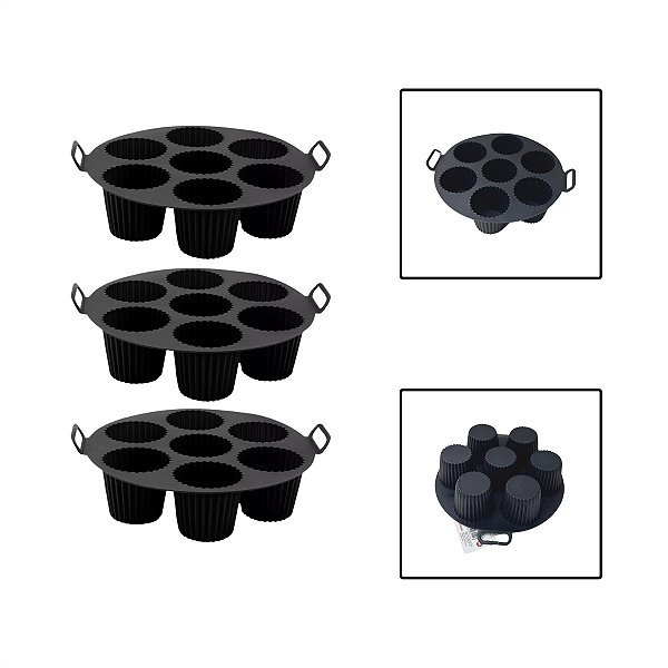 Kit 3 Forma Cesto Silicone Air Fryer Cupcake Muffin Preto