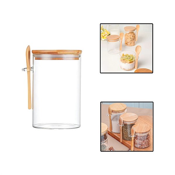 Pote Hermético Vidro Redondo 550ml Tampa Bambu