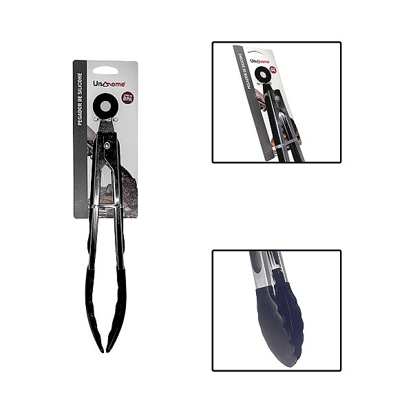 Pegador Multiuso Pinça Preto Inox Silicone M