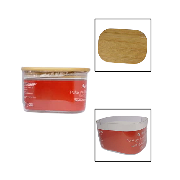 Pote Vidro Borossilicato 1000ml Retangular Tampa Bambu