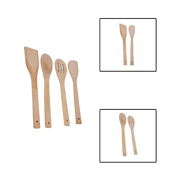 Kit Utensílios Cozinha Bambu Natural Colher Espátula 4 Peças