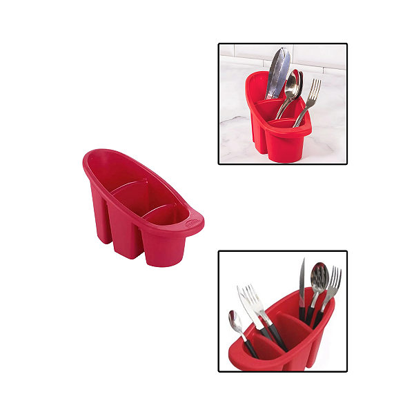 Escorredor de Plastico P/ Talheres C/ 3 Divisorias Vermelho