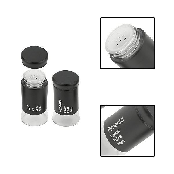 Kit Saleiro E Pimenteiro Vidro Metal Preto 2 Peças
