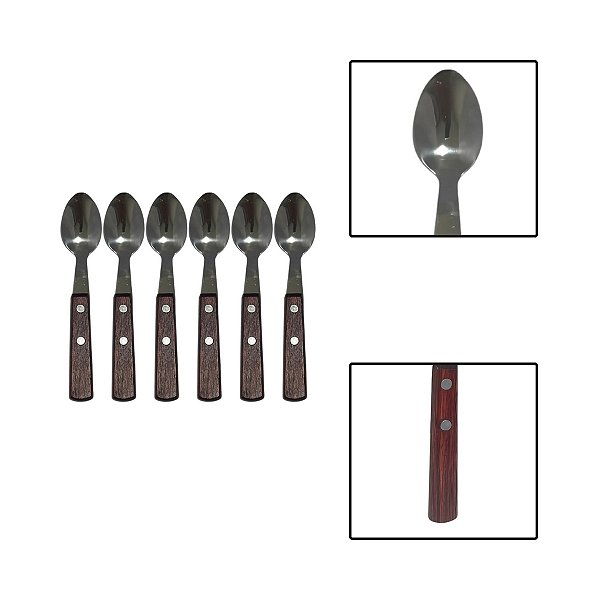Kit 6 Colheres Chá Mesa Linha Legna Aço Inox Madeira