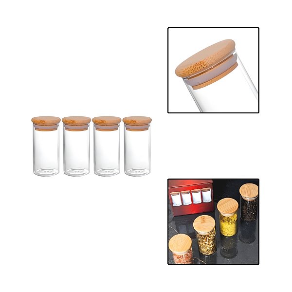 Kit 4 Potes Vidro Redondos Temperos Tampa Bambu 100ml