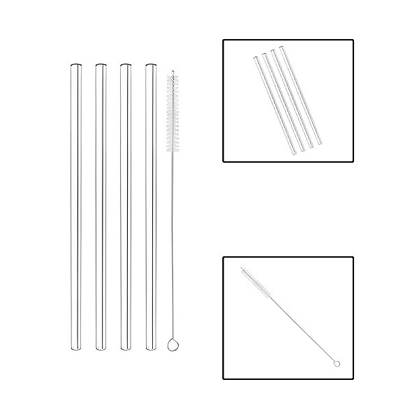 Kit 4 Canudos Vidro Transparente Com Escova De Limpeza
