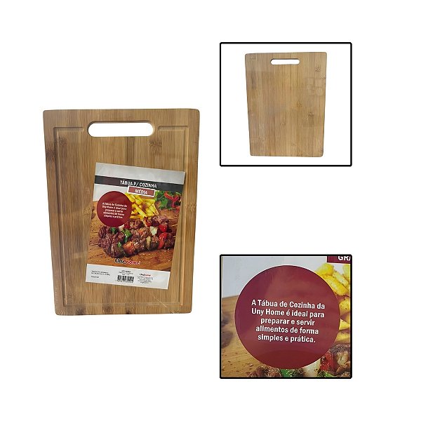 Tábua de Cozinha Média Com Alça e Canaleta Multiuso em Bambu
