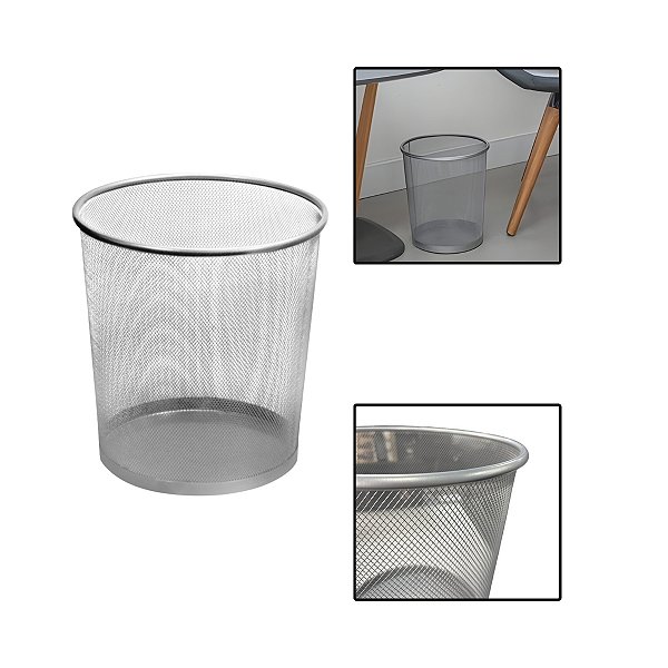 Lixeira Prata De Metal Redonda Para Escritório 12L