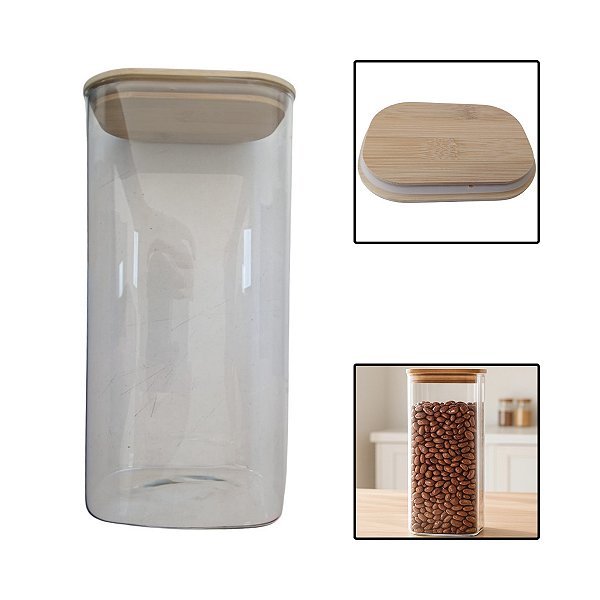 Pote Vidro Borossilicato Retangular 3 L Grande Tampa Bambu
