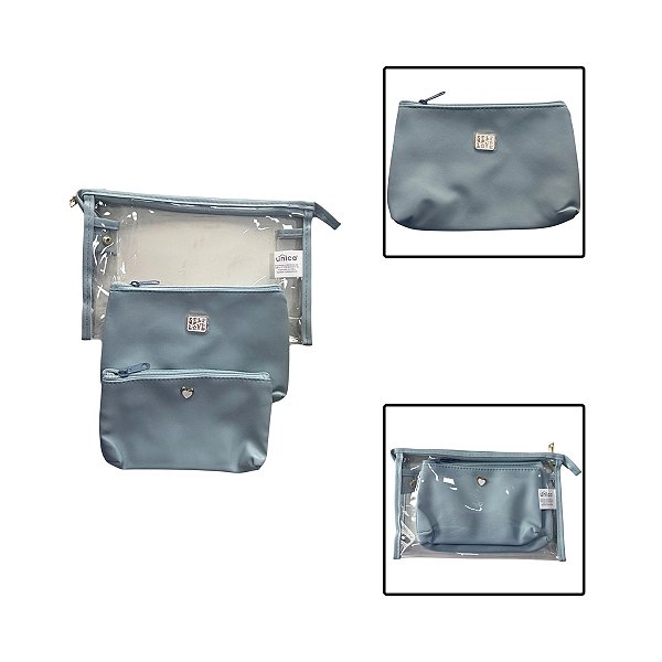 Necessaire Feminina Azul Kit com 3 Peças