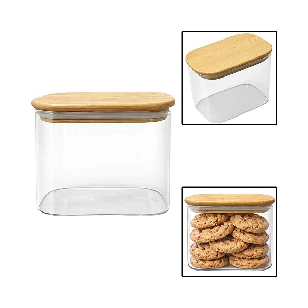 Pote Vidro Borossilicato Retangular 1,5 L Grande Tampa Bambu
