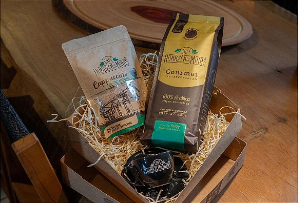 Kit-04B Café Gourmet Torrado e Moído 500g + Cappuccino Gourmet 200g + Linda Xícara Preta de Café