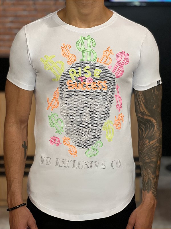 Camiseta Skull Strass Money Colors Branca