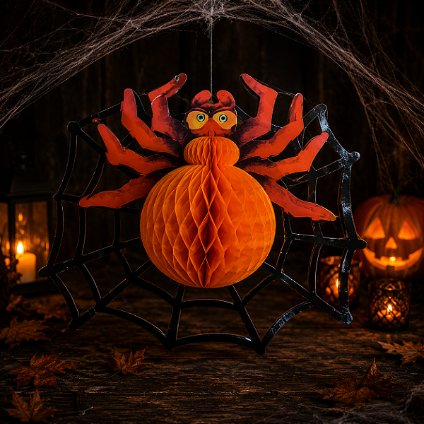 Enfeite Sanfonado de Papel Aranha Halloween 39CM - Com Efeito Sanfonado ao Abrir