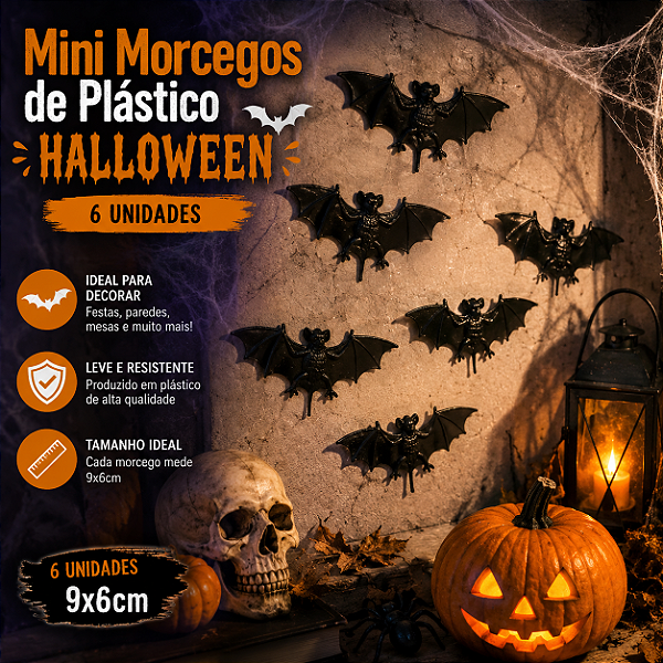 Mini Morcegos de Plástico Halloween – 6 Unidades | 9x6cm | Enfeite Decorativo