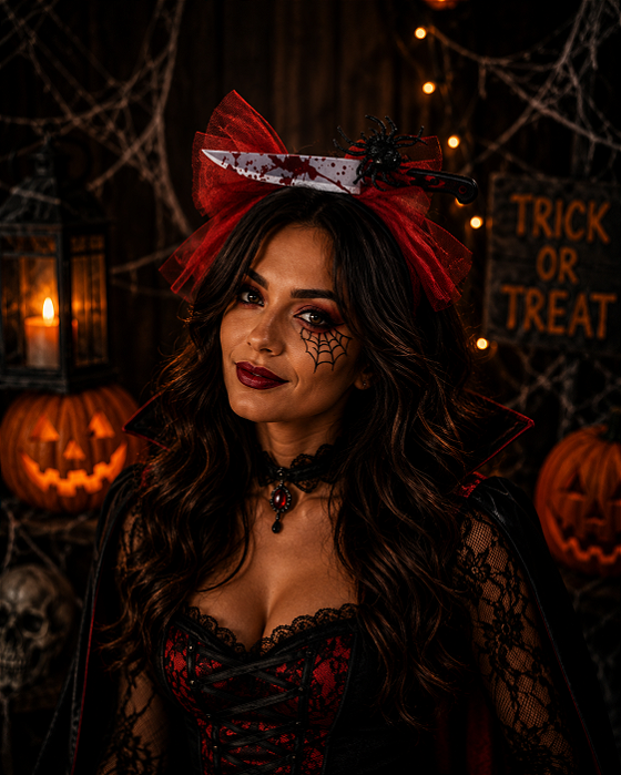 Tiara com Laço Branco e Ferramenta com Sangue Halloween - 1 Unidade