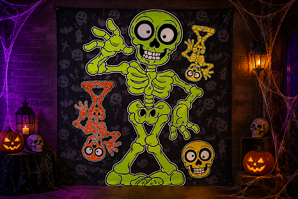 Painel Decorativo Esqueleto Neon Halloween 70X50cm - 4 Peças Destacáveis em Papel Cartonagem