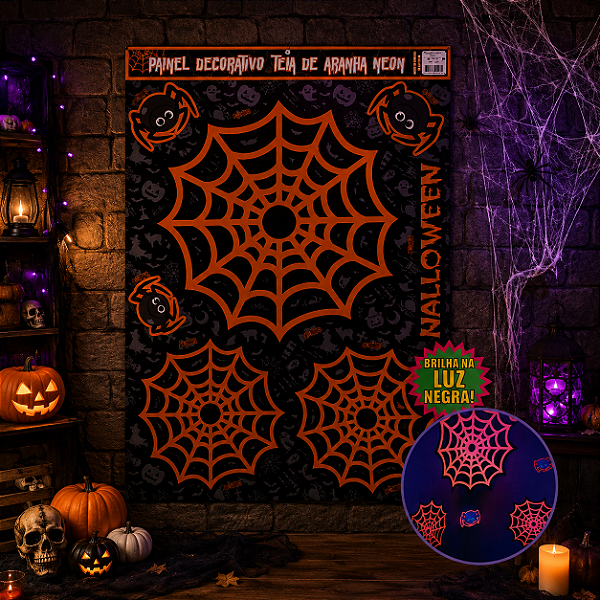 Painel Teia de Aranha Neon Halloween 70X50cm - 1 Unidade com 7 Apliques Destacáveis
