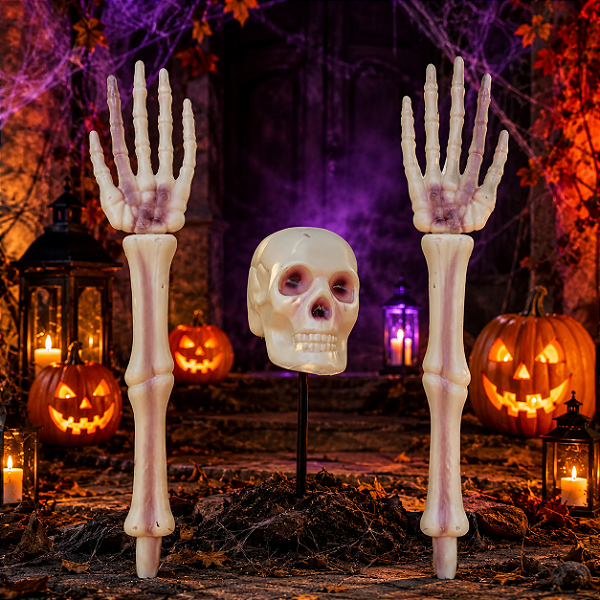 Kit Esqueleto Jardim Halloween – 1 Crânio + 2 Braços