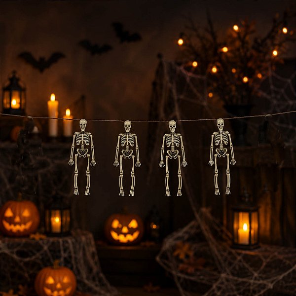 Varal com Esqueletos Halloween - 4 Mini Esqueletos de 15cm Cada