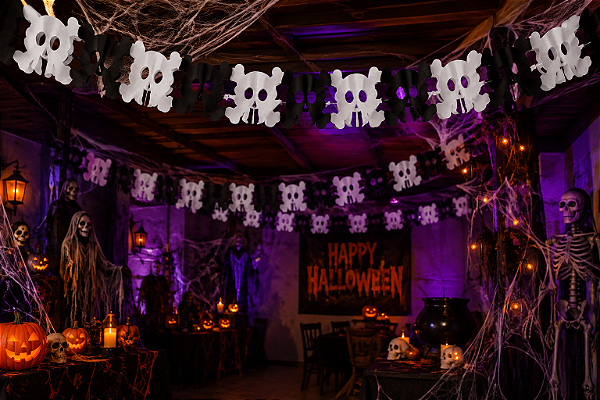 Guirlanda de Papel Caveira Com Osso Halloween - 2 Metros