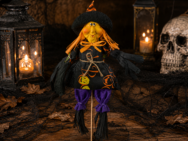 Enfeite Espantalho Bruxinha no Palito Festa Halloween 30cm - Modelos Sortidos