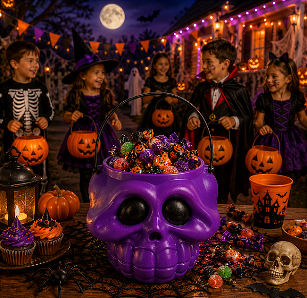 Balde Cabeça de Esqueleto Roxo Halloween 16CM