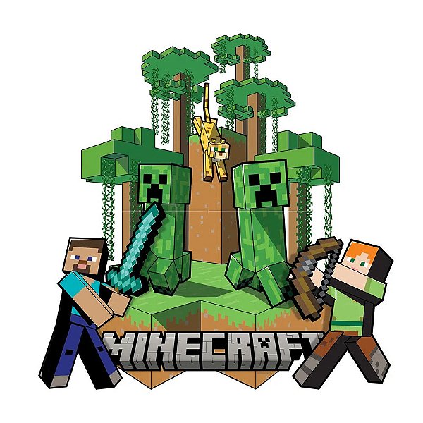 Painel Decorativo Festa Minecraft 3D - 92cm x 128cm - 1 Painel Grande + 2 Apliques Menores